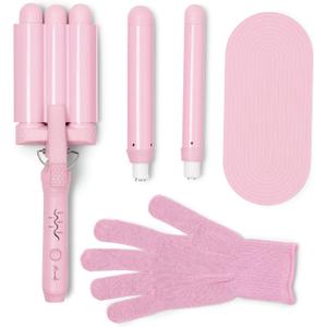 Mermade Hair 3 in 1 Style Wand - Hair Waver 3 Barrel, Curling Iron 1 1/4 Inch, 1 Inch Curling Iron, Ceramic Barrel Waver & Curler w/Heat Glove, Mat, & Interchangeable Handle - Pink