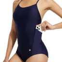 baleaf Women's Zipper Pockets One Piece Swimsuits Athletic Training Adjustable Strap Bathing Suits Racerback Swimwear (32, Navy Blue)