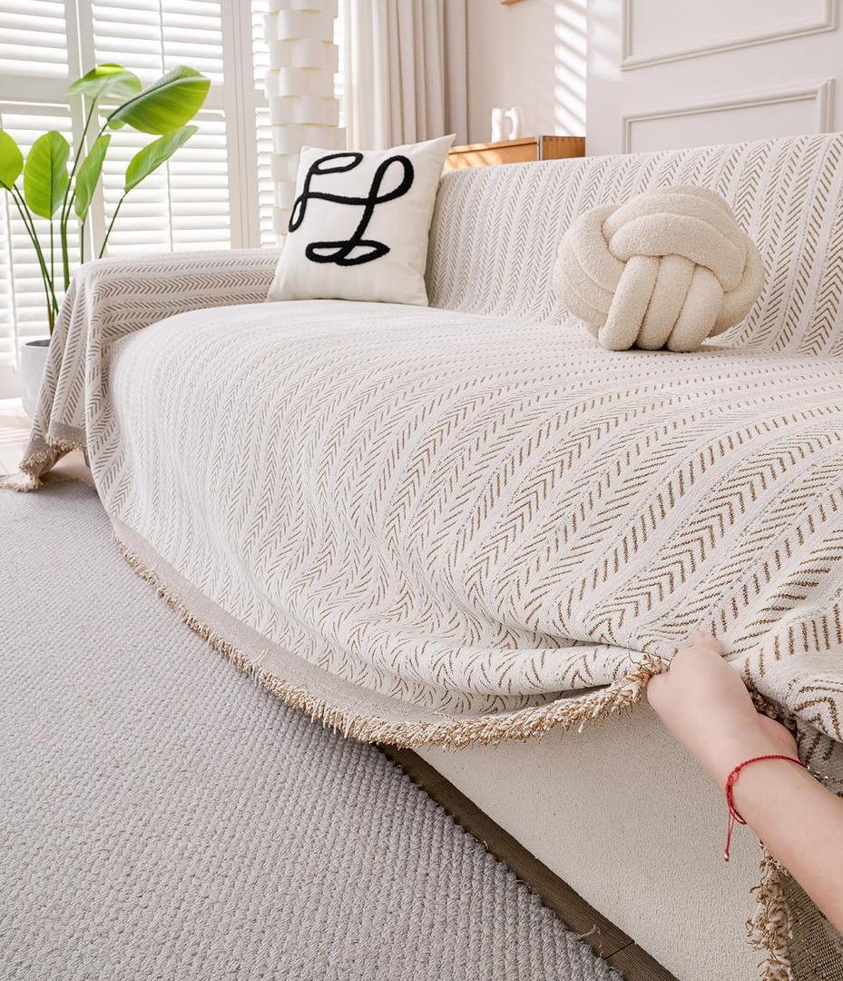 Erke Couch Cover Sheet Blanket for 4 Seater Oversized Sofa Sectional, Machine Washable Chenille Slipcover, 4-Seat L Shape U-Shaped Extra Large Slip Covers Furniture Decor Protector (71" x 150", Beige Coffee)