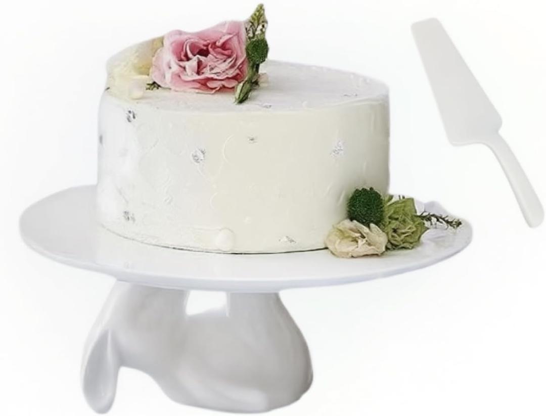 12-Inch Porcelain Cake Stand for Wedding, Round Dessert Stand with Cake Spatula, White Rabbit Cupcake Stand for Wedding,Party