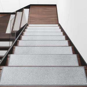 Hargiis Stair Treads for Wooden Steps Non-Slip Carpet, 15 PCS Polyester Indoor Stair Mats with Rubber Backing, No Adhesive, Safety Stair Runners for Kids, The Elderly and Pets (Light Grey, 30"x8")