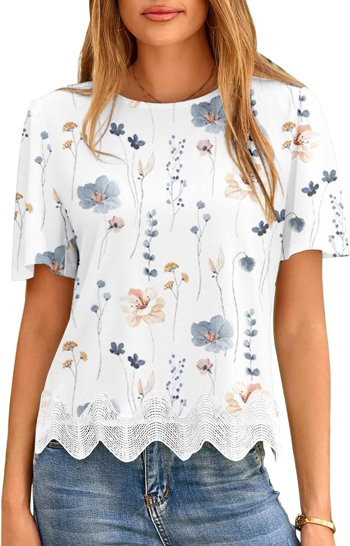 LOLONG Womens Short Sleeve Printed Tops Summer 2026 Crew Neck Color Block Casual Blouses (White, L)