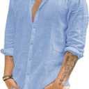 Mens Casual Long Sleeve Cotton Linen Shirts Button Down Solid Plain Roll-Up Sleeve Summer Beach Shirts (Large, Blue)