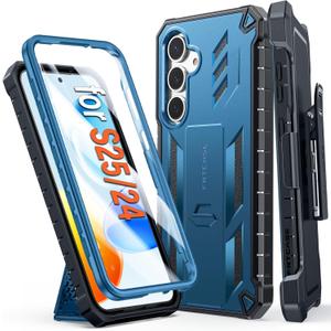 FNTCASE for Samsung Galaxy S25 Case: Military Grade Rugged Cell Phone Cover with Kickstand & Belt Clip Holster | Shockproof TPU Protection Bumper Design for Galaxy S24 Cases 6.2 inch - Blue