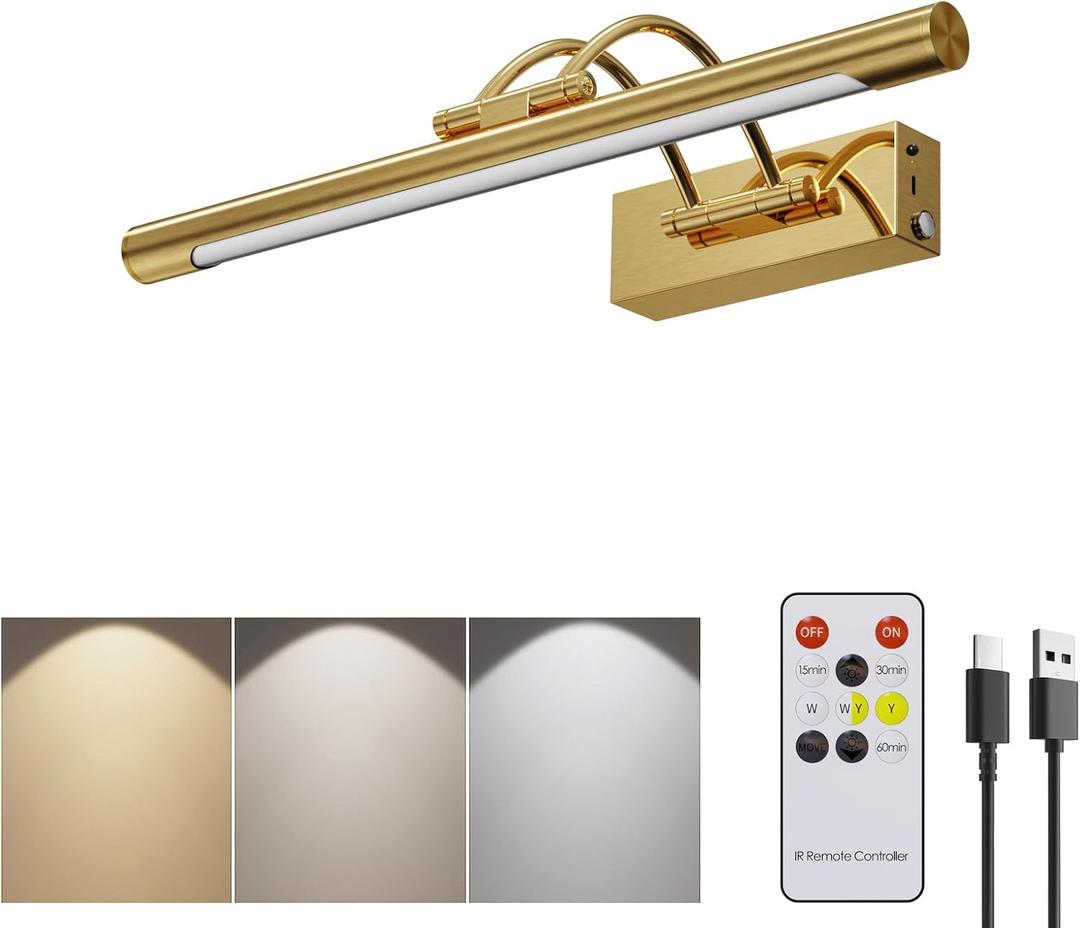 Picture Frame Light,16 inch Wireless Picture Lights Rechargeable for Wall with Remote,5000mAh 3CCT Dimmable and Timer Remote Art Lighting for Paintings for Pictures Display,Gold