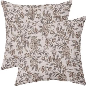 Floral Block Print Pillow Covers 18x18 Set of 2 Vintage Flower Brown Grey Decorative Throw Pillows Outdoor Rustic Farmhouse Pillowcases Cushion Case Decor for Home Sofa Couch Bed