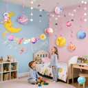Pre-strung Space Party Decorations for Girls, Pink Space Themed Party, Pastel Outer Space Party Decorations, with 2 Banners, Solar System Planet Swirl Streamers, Hanging Dazzling Star Garlands for Kids, Girls