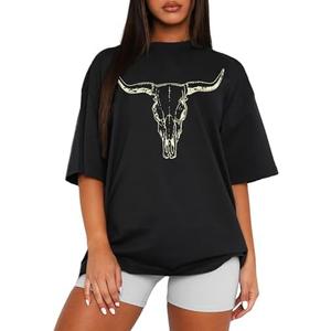 MAPICK Women Boho Cow Skull T-Shirts Western Cowgirls Graphic Crewneck Shirts Country Concert Short Sleeve Outfits XL