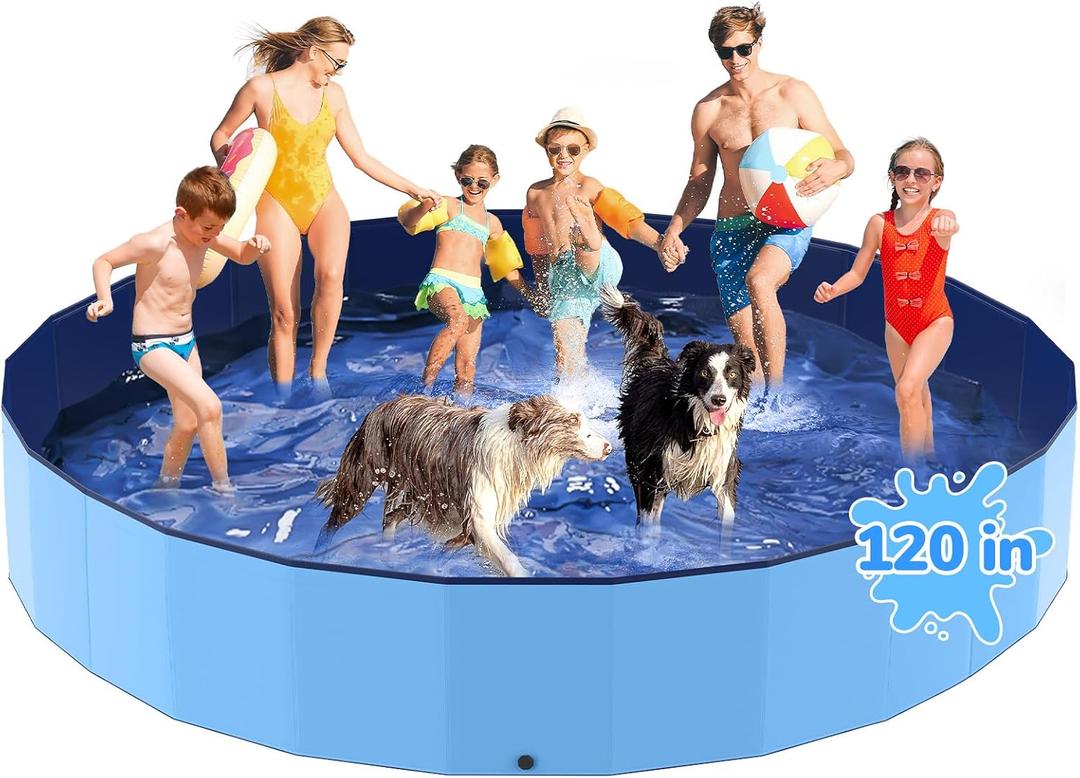 120'' Foldable Dog Pool, Kiddie Pool, Heavy Duty Non-Slip Plastic Pet Wading Pool for Large Dogs, Indoor and Outdoor Kids Pet Dog Bathtub