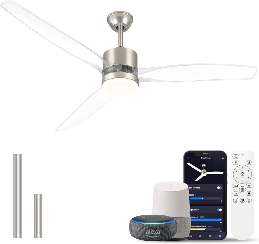 OKELI 52" Smart Ceiling Fan with Light, WiFi Enabled for Alexa & App Control, Reversible Brushed Nickel Modern Ceiling Fan with Dimmable LED Light and Remote, Clear Blades for Living Room Bedroom