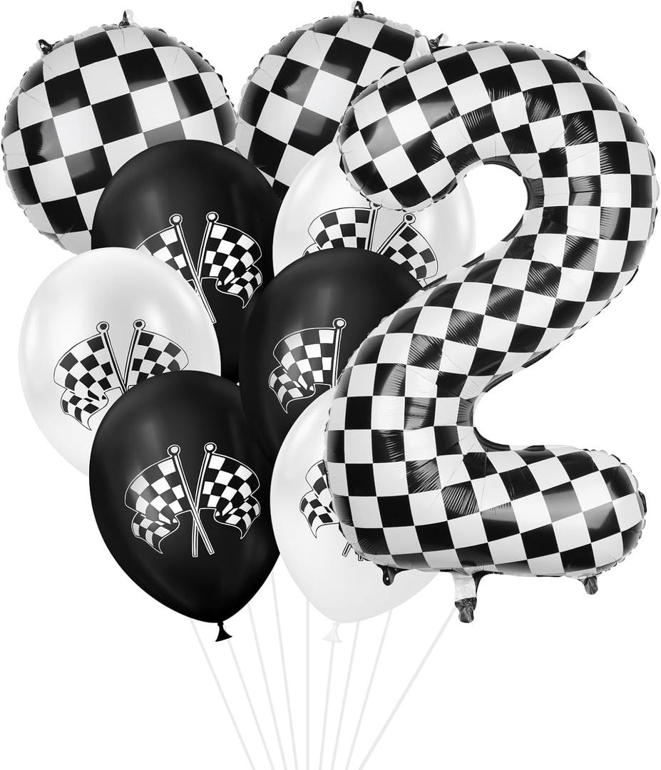 2 x 40 Inch Checkered Number Balloon, 2nd Birthday Number Balloons for Boy, Large Inflating Black and White Number 2 Race Car Theme Party Decor Supplies, for Birthday Party,Wedding, Anniversary