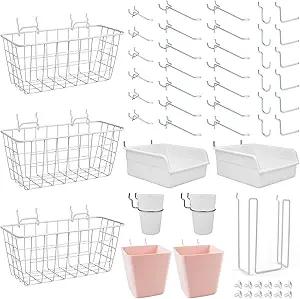 Pegboard Basket Organizers, Peg Board Large Baskets Hooks Bins Cups Tool Organizer 42 Pack Set, Wall Storage Display Hanging Accessories for Craft Office Stadio Shed Garage Organization (White & Pink)