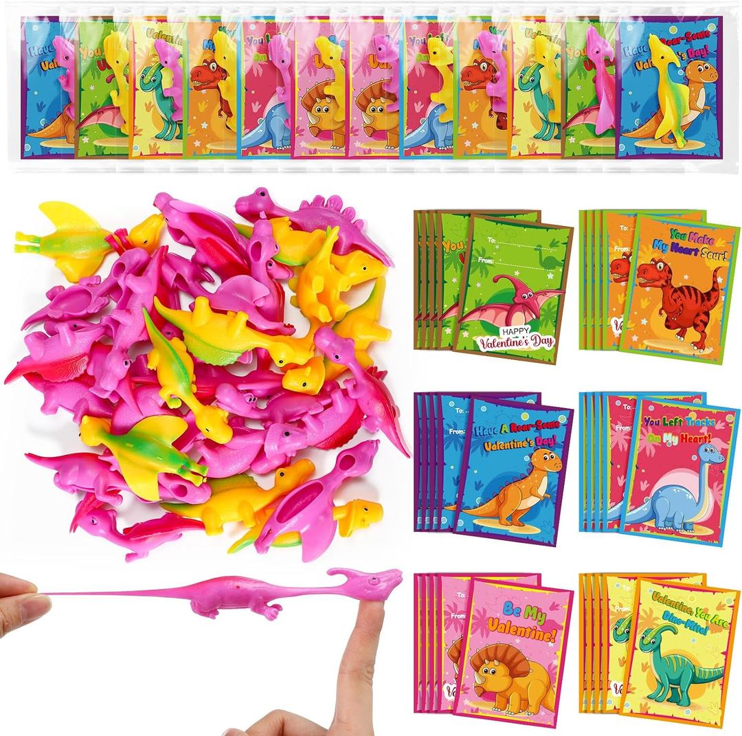 2 x Skylety 36 Sets Valentines Dinosaur Gifts Valentines Exchange Gifts Kid Classroom Dinosaur Finger Slingshot Gift Finger Toy Cute Valentine's Day Cards Goodie Bag Stuffers Valentine's Day Party Favors