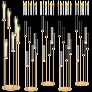 Tandefio 4 Sets Acrylic Candelabra Centerpieces 46.5'' Tall Clear Candle Holders Pillar Taper Candlestick with Lampshades 6 Arm Floor Candelabra Stand for Wedding Christmas Ceremony Dinner Party