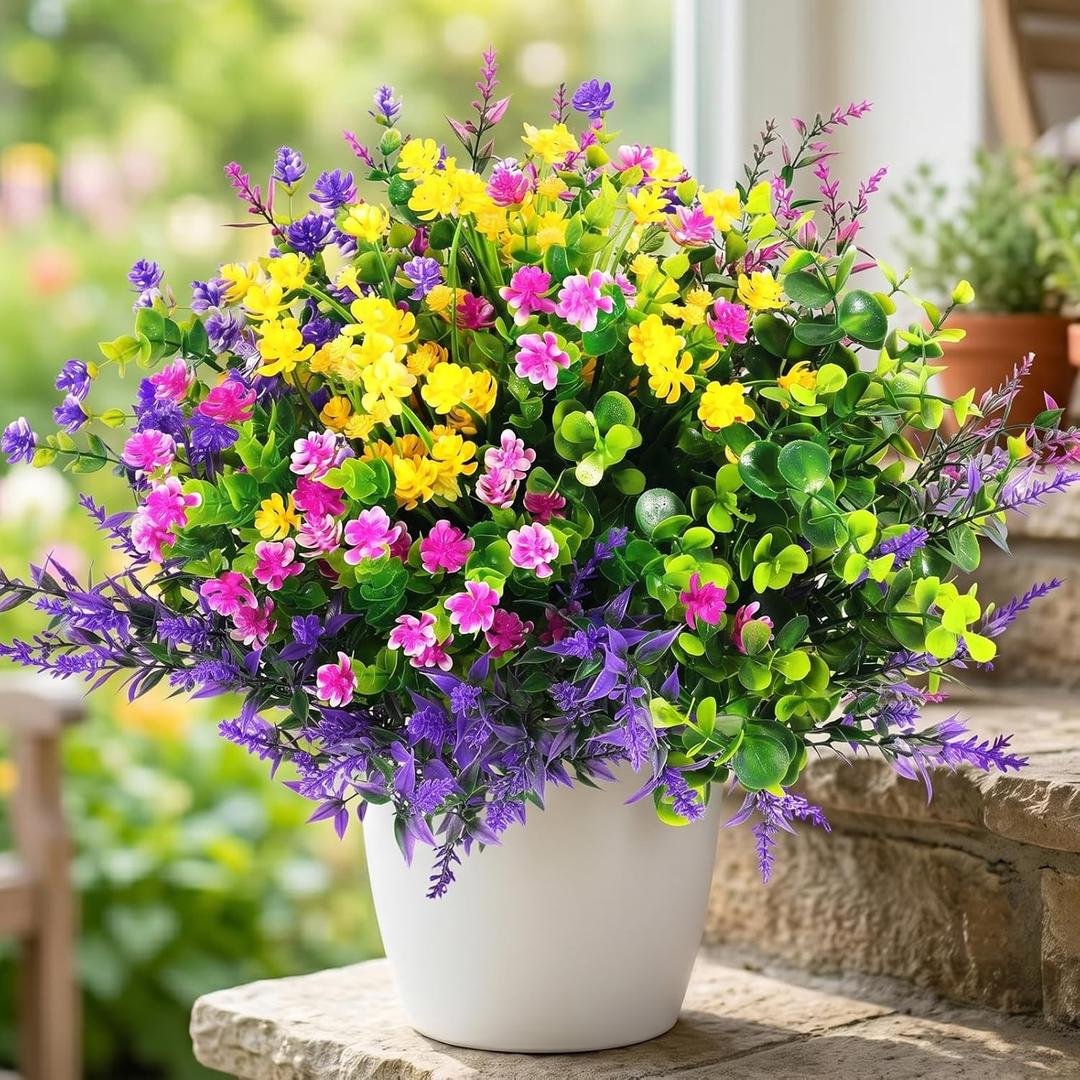 Hananona 12 Pcs Artificial Flowers Outdoor, Faux Artificial Plants UV Resistant Plastic Flower Bulk for Hanging Planter Porch Window Home Wedding Fall Summer Decor (12, Fuchsia, Purple, Yellow, Green)