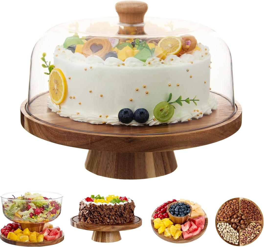 Acacia Wood Cake Stand with Lid, 6-in-1 Multifunctional Cake Plate, Cake Holder, Serving Tray, Fruit Platter, Salad Bowl, Dessert Table Display & Acrylic Cake Dome Cover