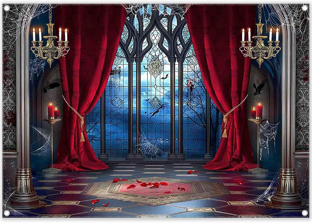 7x5ft Fabric Halloween Vampire Medieval Castle Backdrop Gothic Window Red Curtain Bats Photography Background Haunted House Party Decor Photo Props