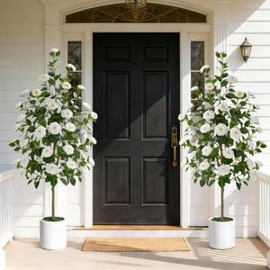 2 Pack 5 FT Artificial Camellia Tree, Artificial Plants Outdoor Faux Plants in Pot, Artificial Flower for Outdoors Front Porch Decor, Fake Tree Plant Faux Flowers for Indoor Outdoor Home Decor, White