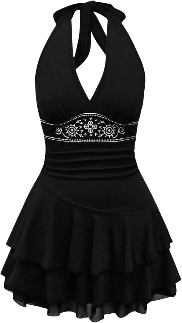 SOLY HUX Women's Summer Halter Backless Mini Dress Flowy Sleeveless V Neck Tie Back A Line Western Casual Sun Dresses (Large, Black Printed)