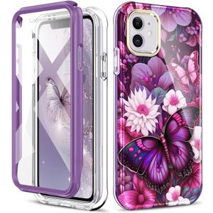 Cute Flower Case for iPhone 11 6.1 inch Built with Screen Protector, Lightweight and Stylish Full Body Shockproof Protective Rugged TPU Case for Women/Girls-Butterfly