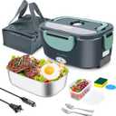 Electric Lunch Box for Adults, 80W Heated Lunch Box, 1.5L Stainless Steel Container | 12V/24V (Car/Truck) & 110V (Office/Home) | with Fork&Spoon and Insulated Carry Bag