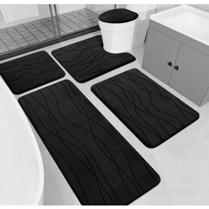 YIHOUSE Memory Foam Black Bathroom Rug Sets 5 Piece, Ultra Absorbent Bath Mat for Bathroom  NonSlip Machine Washable & Dry Quickly, 5 Piece Bathroom Mat Set, Black