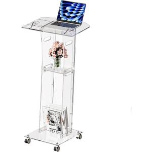 Acrylic Podium Stand49 Tall Portable Podium with Lockable Wheels, Clear lecterns & Podium with Storage Shelf for Classroom, Pulpit Podium for Church,Wedding,Presentation