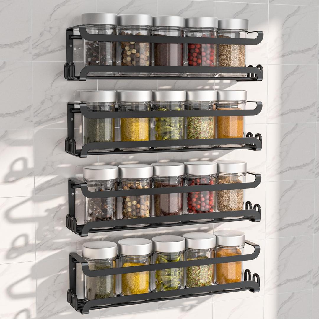 LUCYCAZ 4 Pack Wall Mounted Spice Rack with 16 Hooks, Spice Organizer Shelf for Stove Cabinet Pantry Door,Screw or Adhesive Spice Shelf Hanging Wall Spice Rack in Kitchen and RV (Black, 4 PACK)