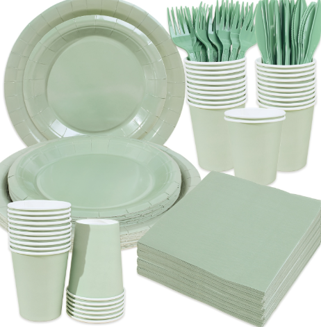 350 Pcs  Green Plastic Plates For Party, Emerald Green Disposable Plates Set, 50 Of Each 9" Dinner Plate Set, 7" Dessert Plate, Cups, Napkins & Cutlery Plastic Dinnerware Set Exquisite, Mint