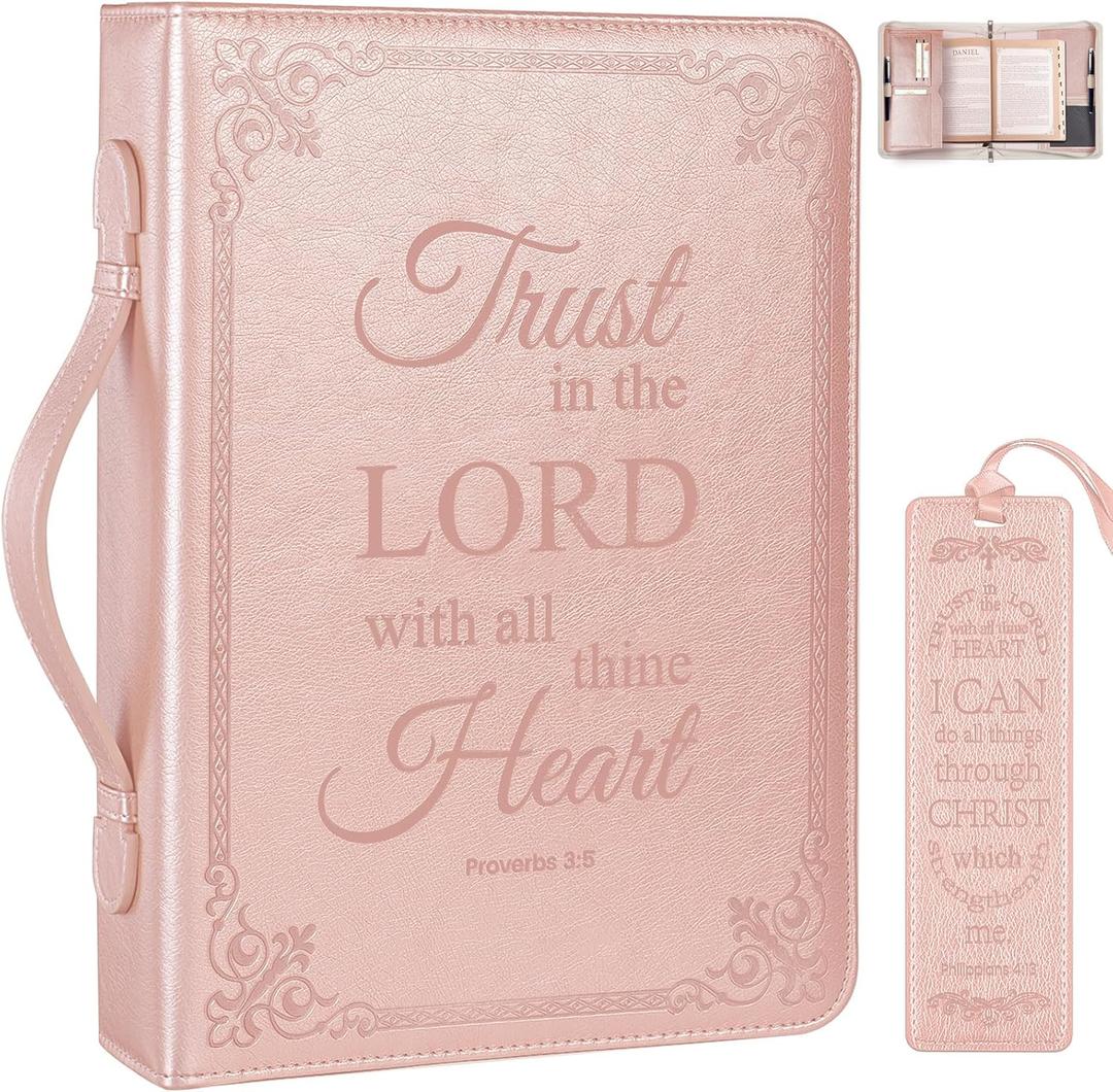 Extra Large Bible Cover Case for Men Women, Mens Bible Covers Cases Leather Bible Cover Carrying Case for Women Men with Handle Zippered Bible Book Cover Holder Bag Case(Rose Gold, XL)