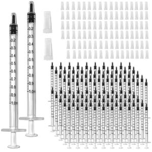 100 Pcs 1ml 1cc Syringe No Needle Plastic Syringe with Caps for Pets Oral, Refilling, Oil or Glue Applicator, Measuring or Transfering Tiny Amount of Liquids (White)