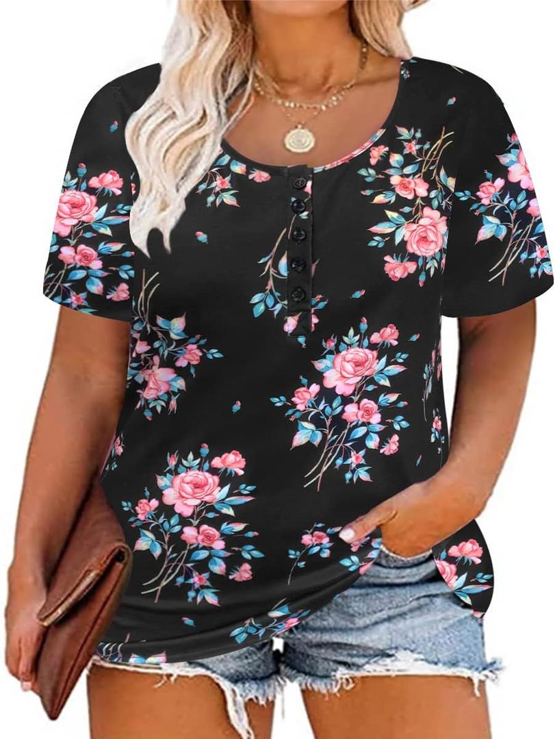 CARCOS Plus Size Tops for Women Button Up Henley Shirts Short Sleeve Summer T-Shirts V/Crewneck Casual Trendy Tunics XL-5XL (XL)