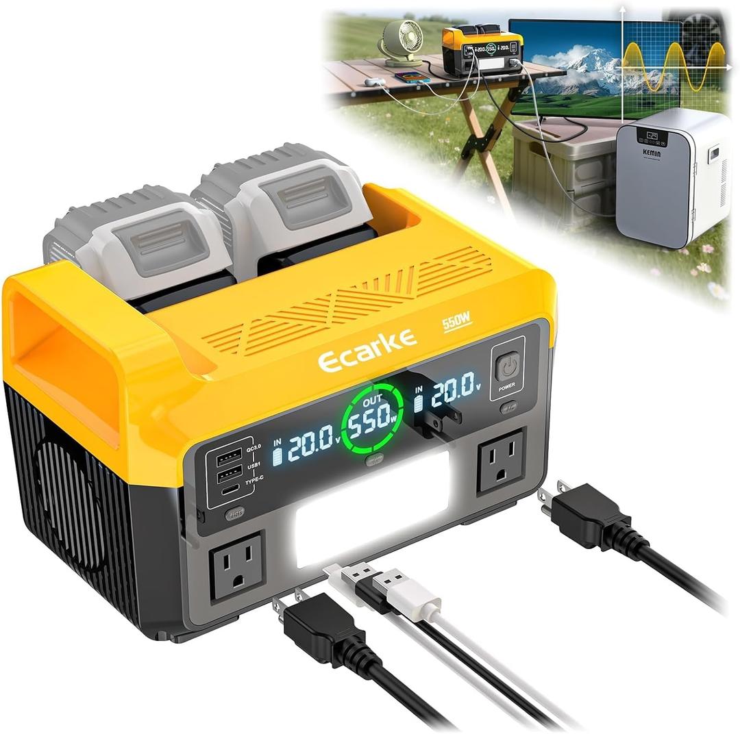 550W Portable Power Inverter Compatible with Dewalt 20V Battery, Power Station DC 20V to AC 110V Pure Sine Wave, Battery Power Adapter 2USB&Type-C, Generator Phone Charger LED Light Camping Emergency