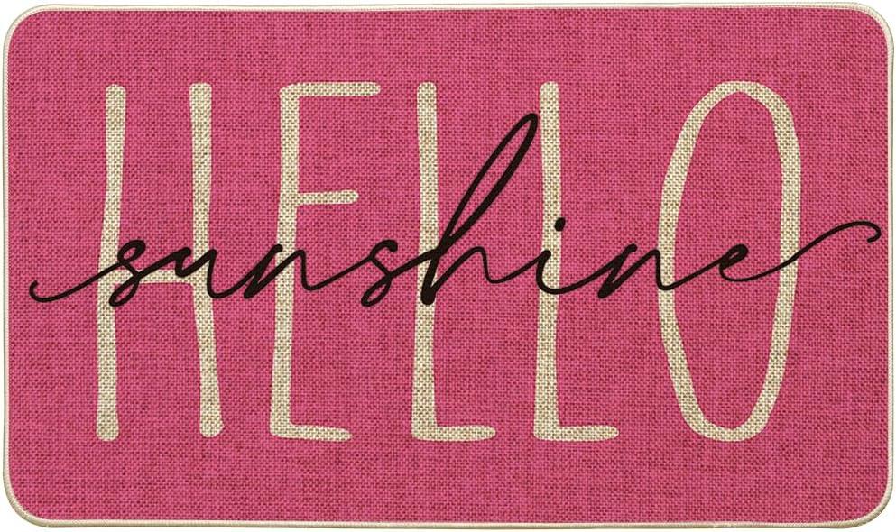 Artoid Mode Pink Hello Sunshine Summer Decorative Doormat, Seasonal Spring Holiday Low-Profile Floor Mat Switch Mat for Indoor Outdoor 17 x 29 Inch