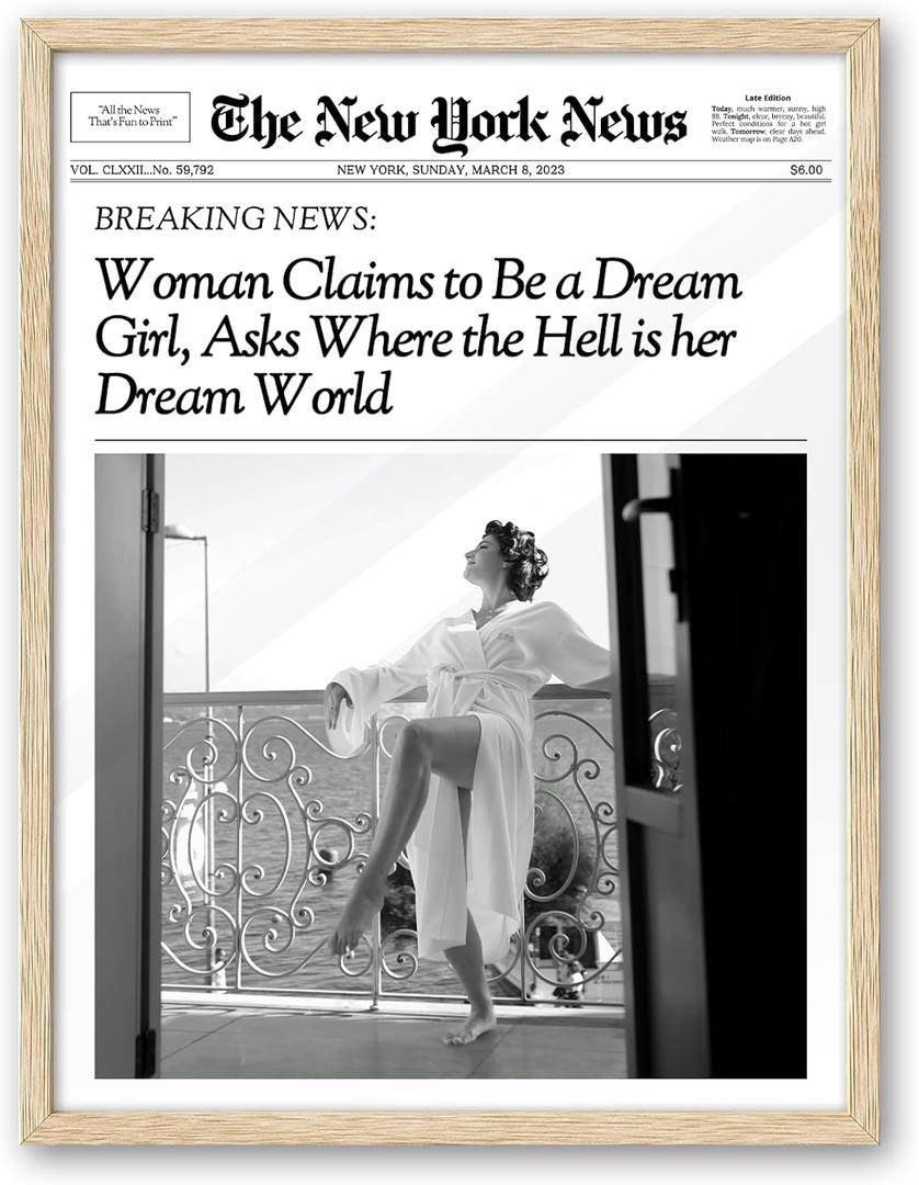 iHery Natural OAK Wood Newspaper Trendy Framed Wall Art, 12x16 in Vintage Headline Canvas Print, Beige Logs Retro Art, Woman Claims to Be a Dream Girl, Set of 1 Apartment Black and White Decor