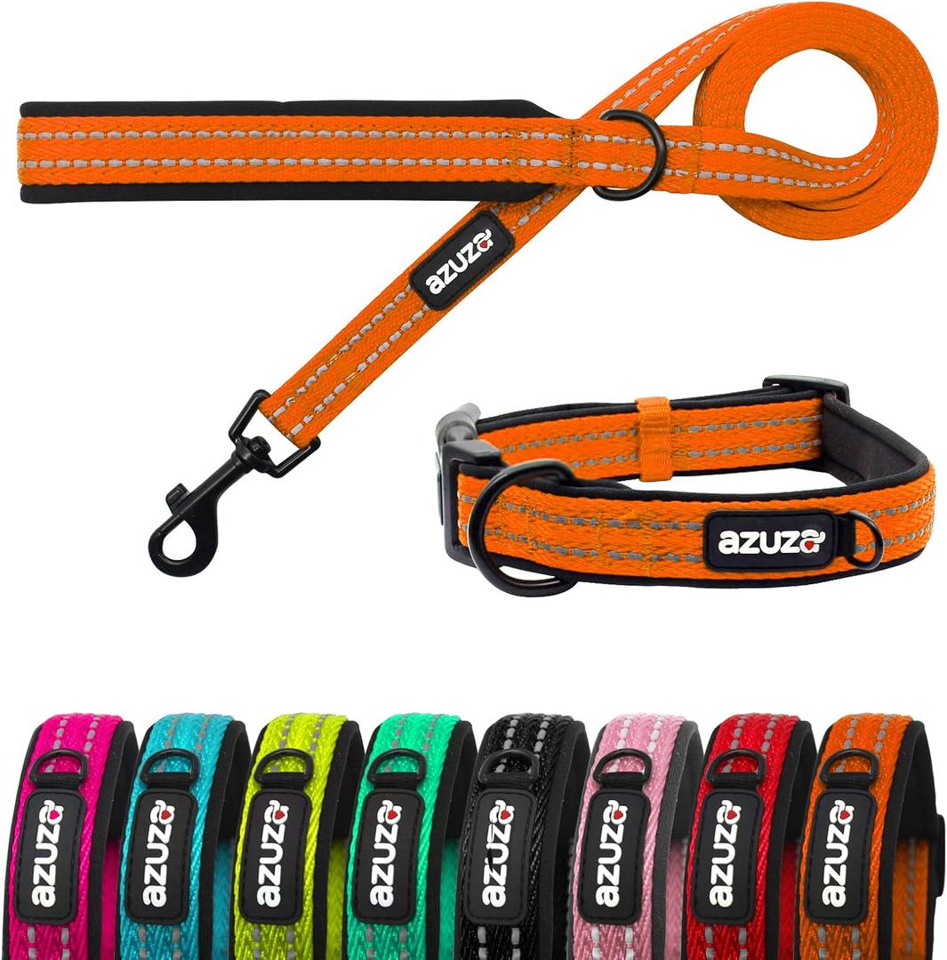 azuza Durable Padded Dog Leash and Collar Set,Reflective Strip Extra Safe and Comfy for Large Dogs, Orange