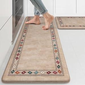KIMODE Anti Fatigue Kitchen Mat, Farmhouse Kitchen Rugs Sets of 2, Non-Slip Cushioned Kitchen Mat for Floor, Comfort Kitchen Floor Mats for Sink Laundry Office Desk Khaki 17"x47"+17"x29"