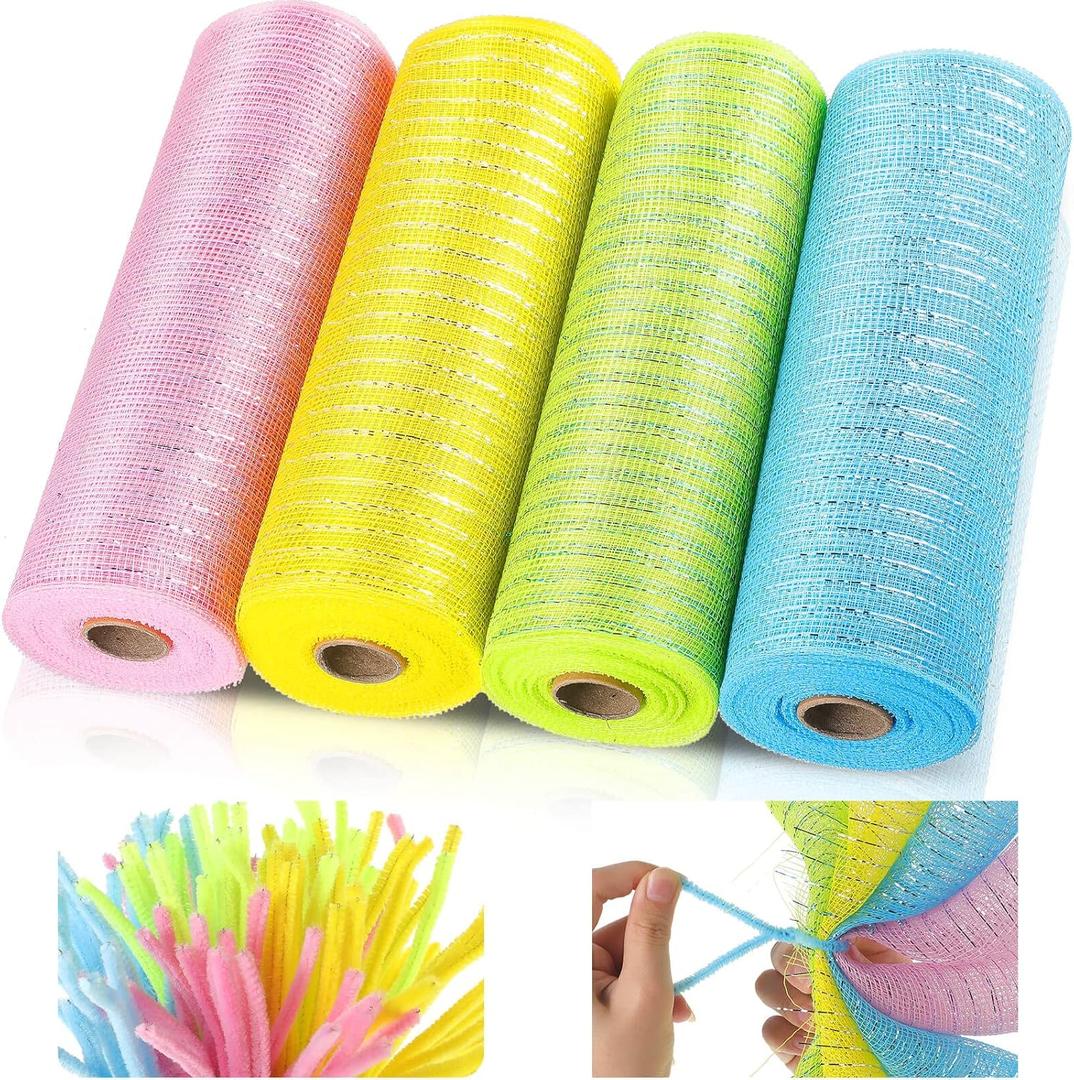 4 Roll Easter Poly Mesh Ribbon Spring Easter Wired Edge Ribbon Poly Decor 10 Inch x 30 Feet Metallic Mesh Decor and 100 Pieces Wreath Tube Cleaners Chenille Stems (Blue, Light Yellow, Pink, Yellow)