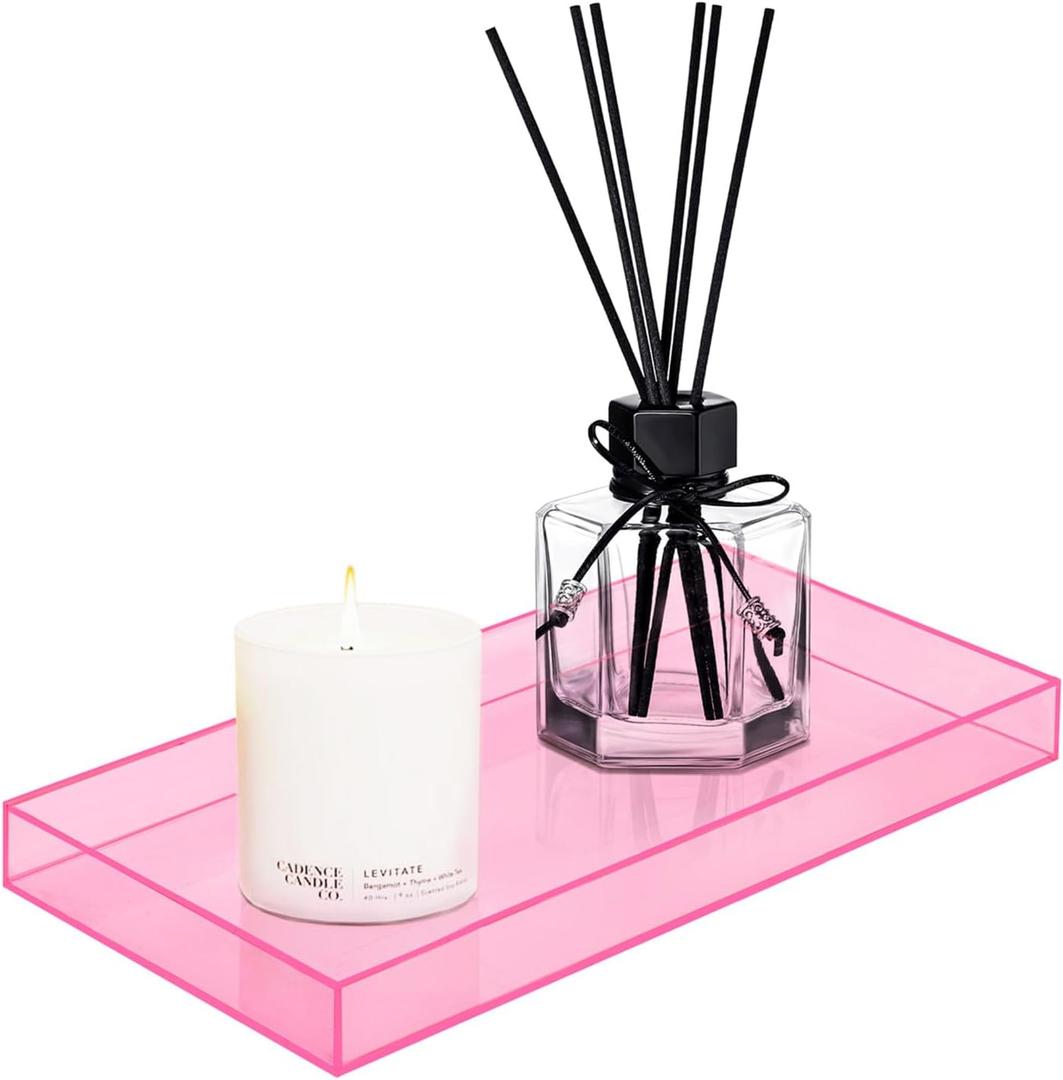 ROYALITA Acrylic Tray Bathroom Tray for Countertop, Guest Towel Holder Tray for Napkin Perfume Jewelry Makeup, Vanity Trays for Soap Dispenser, Aromatherapy, Cup & Candle, Pink