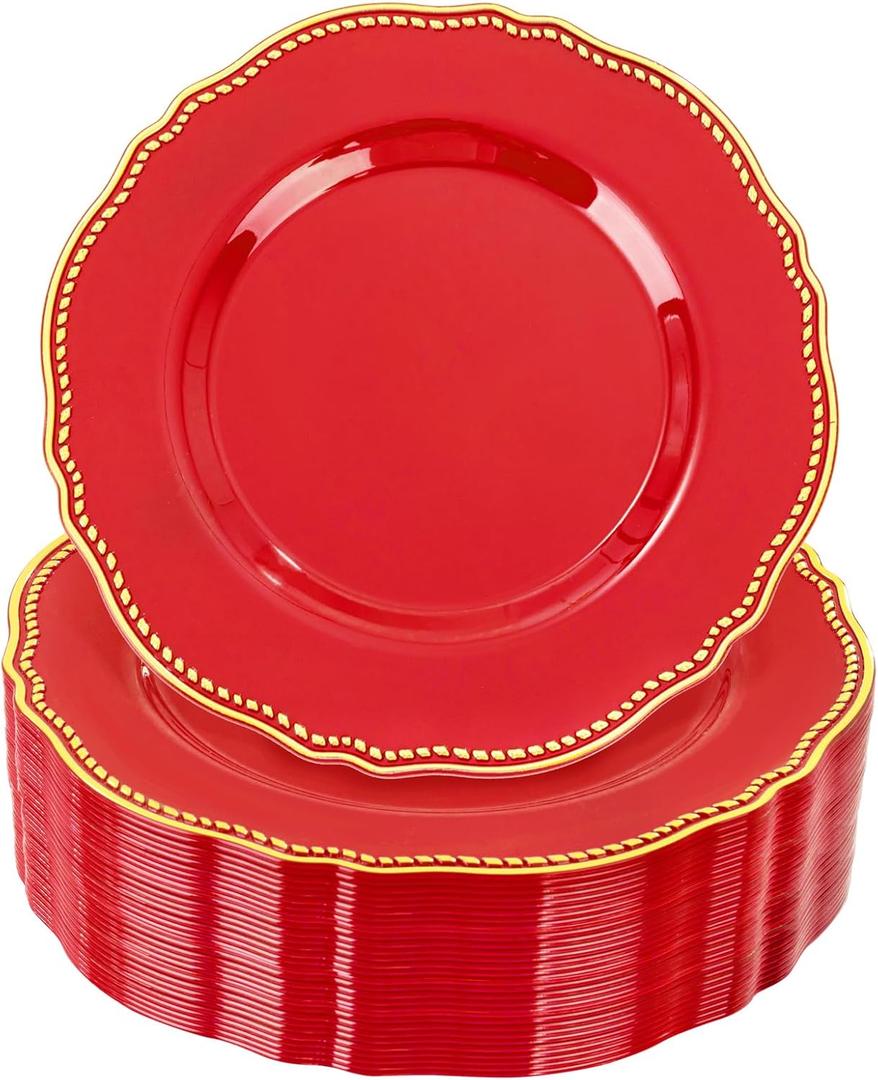 Hioasis 60pcs Red Plastic Plates - Red and Gold Disposable Dinnerware with Gold Rim, Heavy-duty, 7.5 inch, Dessert Plates for Party & Christmas