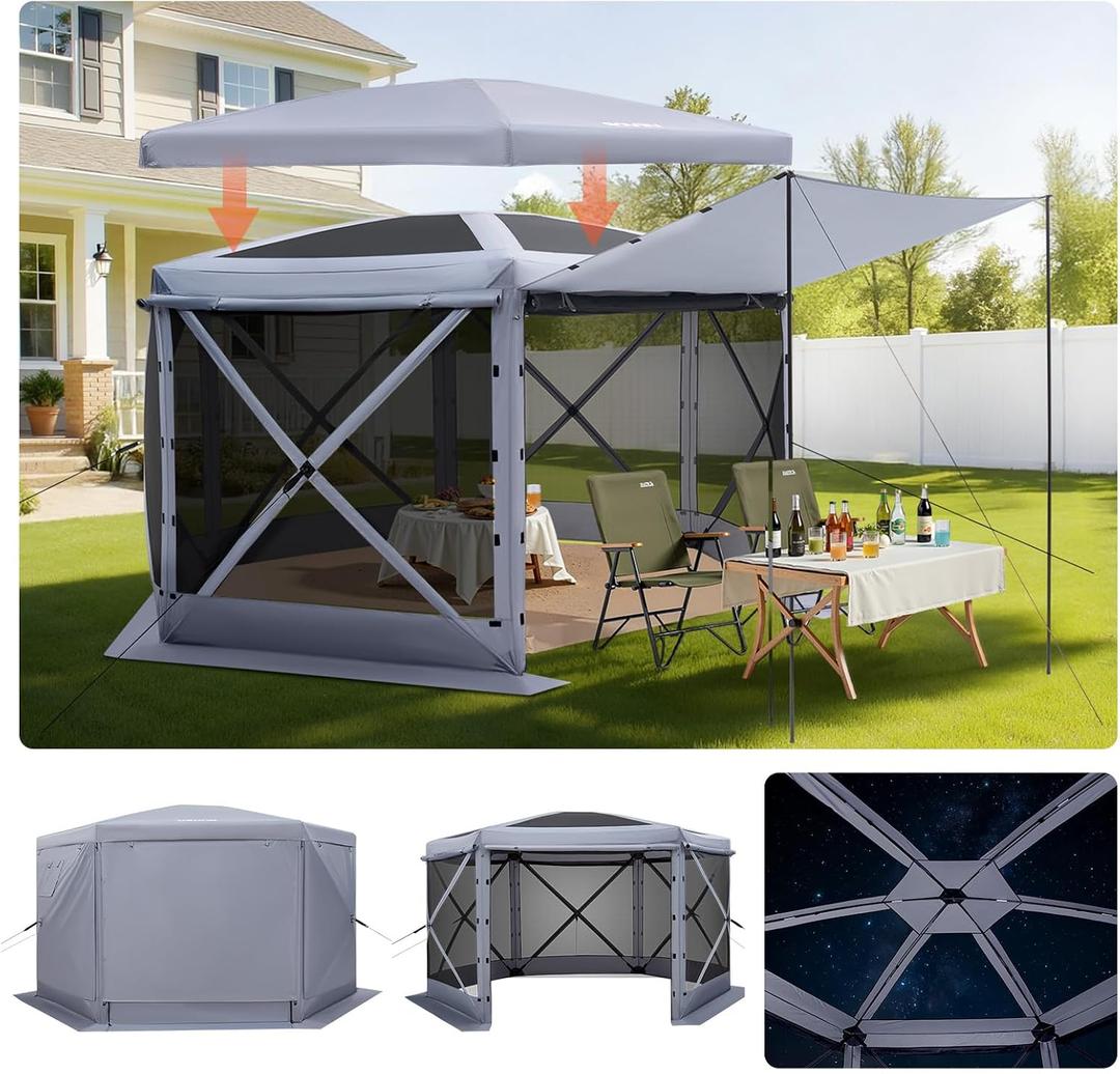 VEVOR Pop up Gazebo Screen Tent, 12 x 12 ft Large 6-Sided Camping Canopy Tent with Removable Top & Carry Bag, Quick-Set & Bite-Proof, Screen House Sun Shelter for 8-10 Persons Backyard Patio, Grey