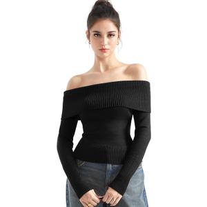 SUUKSESS Women Off Shoulder Sweaters Long Sleeve Ribbed Knit Going Out Fall Tops Blouse (Small, Black)