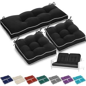 Wenqik Outdoor Wicker Chair Cushions of 3 Pieces 44 x 19 x 4 Inch Waterproof Tufted Bench Cushions for Patio Furniture Fade Resistant 1 Loveseat and 2 Square Seat Pad for Swing Sofa Settee (Black)