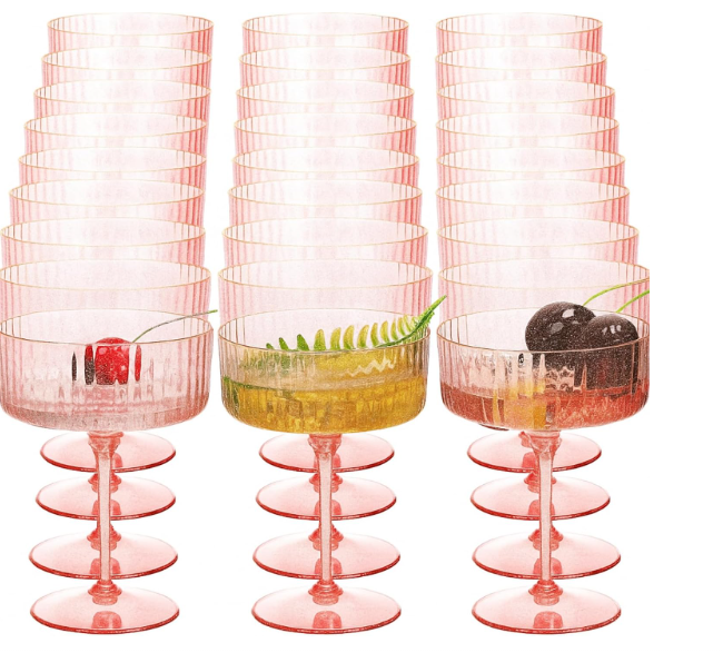 Jingmore Ribbed Martini Glasses 10 oz Disposable Plastic Vintage Ribbed Coupe Glasses with Gold Rim Cocktail Unbreakable Dessert Parfait Glassware for Wedding Party Supplies(Pink,24 Pcs)