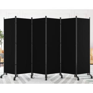 SUNALLY Room Divider 6FT Folding Privacy Screens with Lockable Wheels, 6 Panel Room Partition for Room Separator, 132" W Freestanding Portable Fabric Wall Dividers for Home Dorm Studio Office, Black