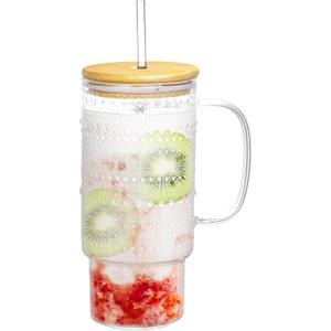 32oz Glass Cup with Lid and Straw, Embossed Beaded Glass Tumbler with Handle Bamboo Lid and Straw for Whiskey Cocktail Beer, Iced Coffee, Hot/Cold Drinks