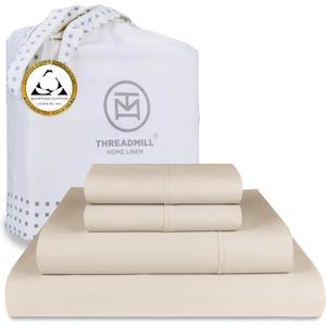 Threadmill Egyptian Cotton Sheets for King Size Bed | 100% Certified Egyptian Cotton King Bed Sheets Set | Snug Fit Elastic Deep Pocket King Sheets Soft, Breathable All Season Solid Sateen | Beige