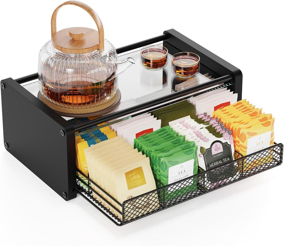 Tea Bag Organizer, Tea Organizer and Storage with Drawers, Tea Bag Holder with Divided Compartments, Wooden Kitchen Organizers and Storage for Kitchen, Countertop, Office, Tea Station (Black- Large)