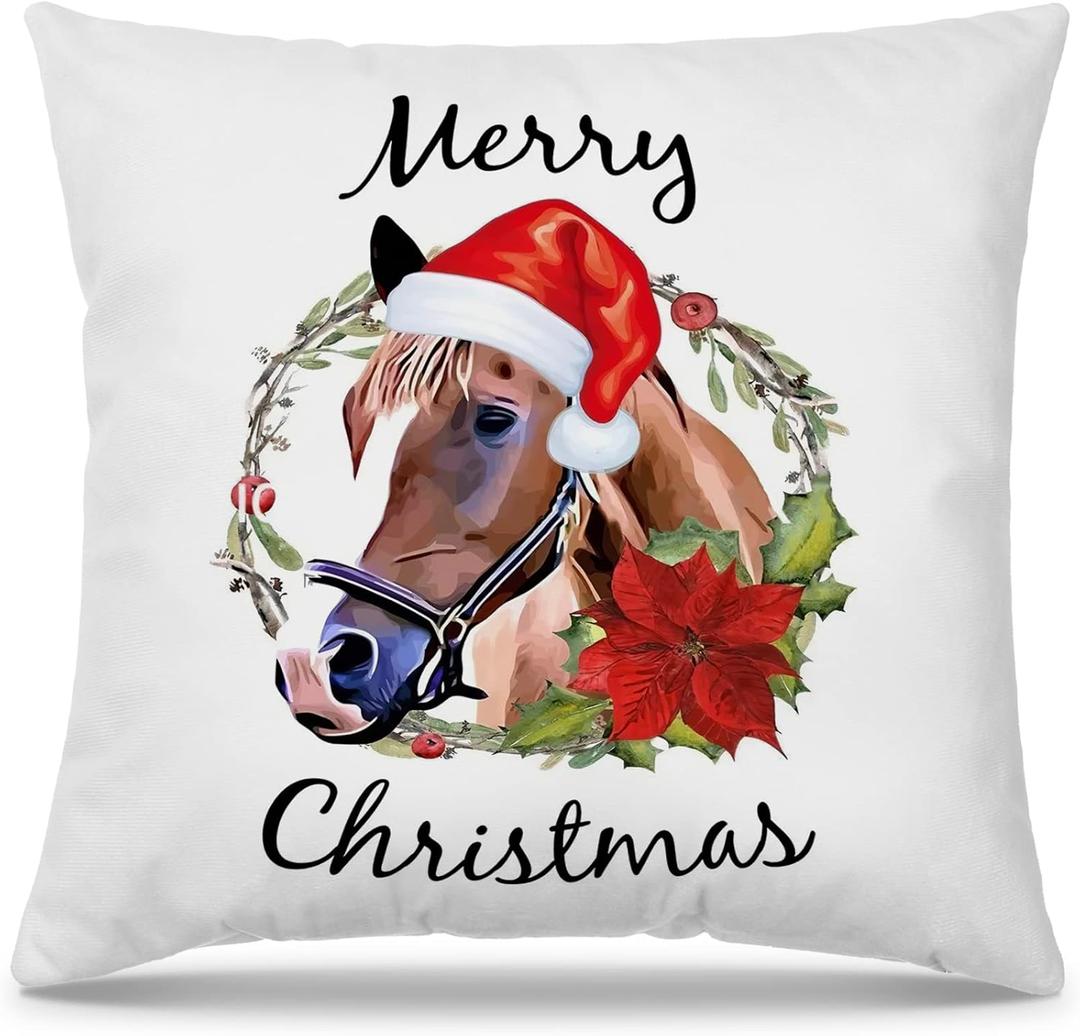 Mingnei Merry Christmas Horse Throw Pillow Covers Couch Home Cushion Cover, Funny Christmas Farm Horse Hat Sofa Living Room Bed Decorative Pillow Cases 18 x 18 Pillowcase