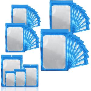 400 Pack 4 Size Bags with Clear Window, Scratch Resistant Hand Holographic Packaging Pouch, Resealable Bag for Small Business Cookies Jewelry Candy Sample (Blue, 2.43.9,3x4.7,47,5.57.9 inch)